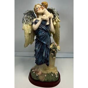 Resin Guardian Angel Figurine Blue Robe Holding Baby